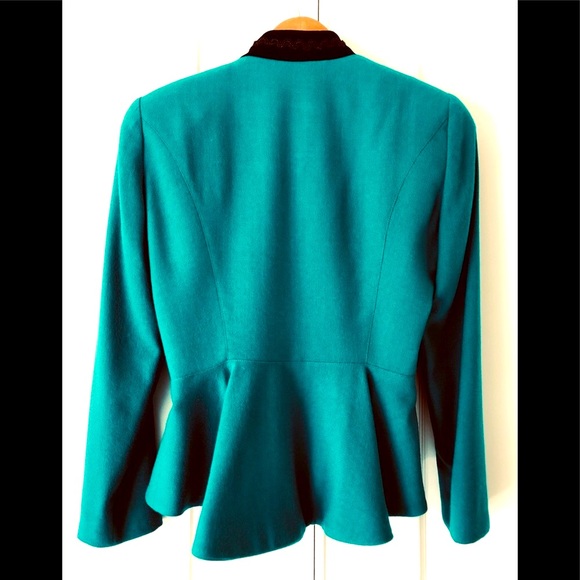VTG 80s Black Velvet trim peplum jacket & mini skirt 10P worsted wool crêpe teal - Picture 5 of 16